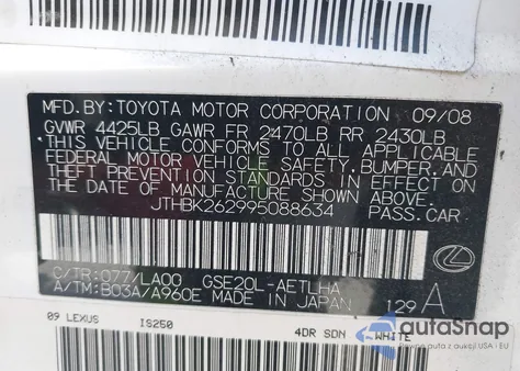 2009 Lexus Is 250 z USA, uszkodzony, nr VIN JTHBK262995088634